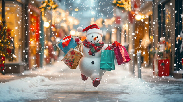 Christmas shopping. Funny snowman running holding holiday shopping bags in shopping street with sparkling lights and falling snow, Joy of Christmas shopping. Image made using Generative AI.
