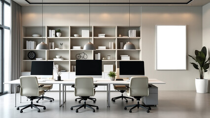 Modern office room interior with coworking space and fashionable furniture. White Mockup frame.