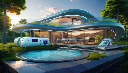 pool in the park, efficient energy storage, Green Building Featuring Solar Panels and Wind Turbines in an Urban Setting