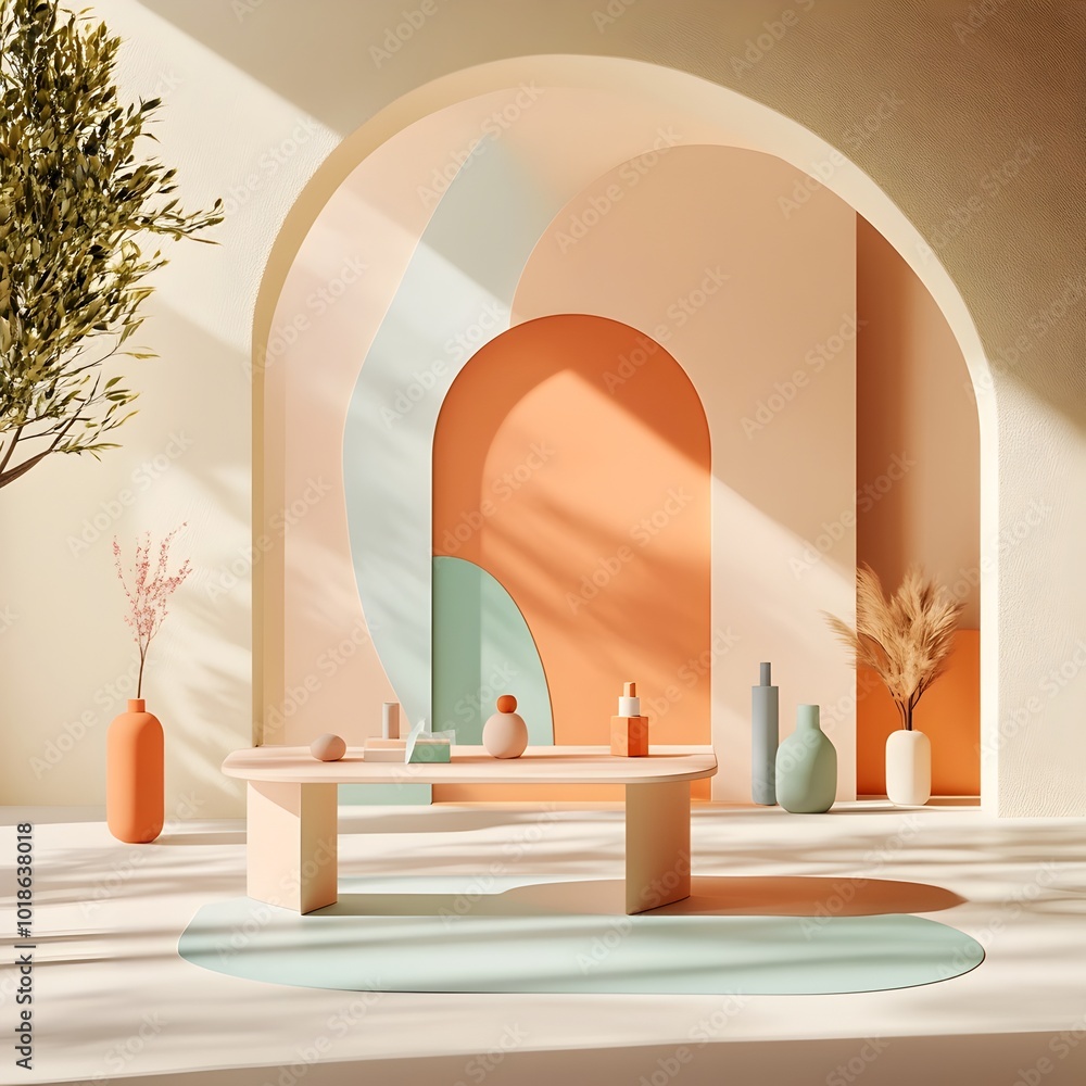 Poster mesmerizing 3d studio environment bursting with a kaleidoscope of hues pared down interior with a so