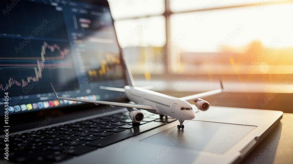 Poster laptop with airplane model and data graphs, bright background.