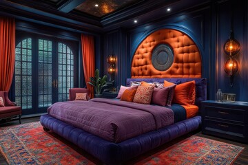 luxurious art deco bedroom interior rich jewel tones geometric patterns plush fabrics and metallic accents bathed in warm ambient lighting