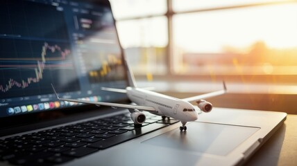 Laptop with airplane model and data graphs, bright background.