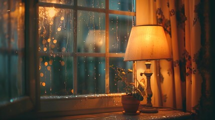 Cozy indoor setting with a lamp and raindrops on a window during a rainy evening