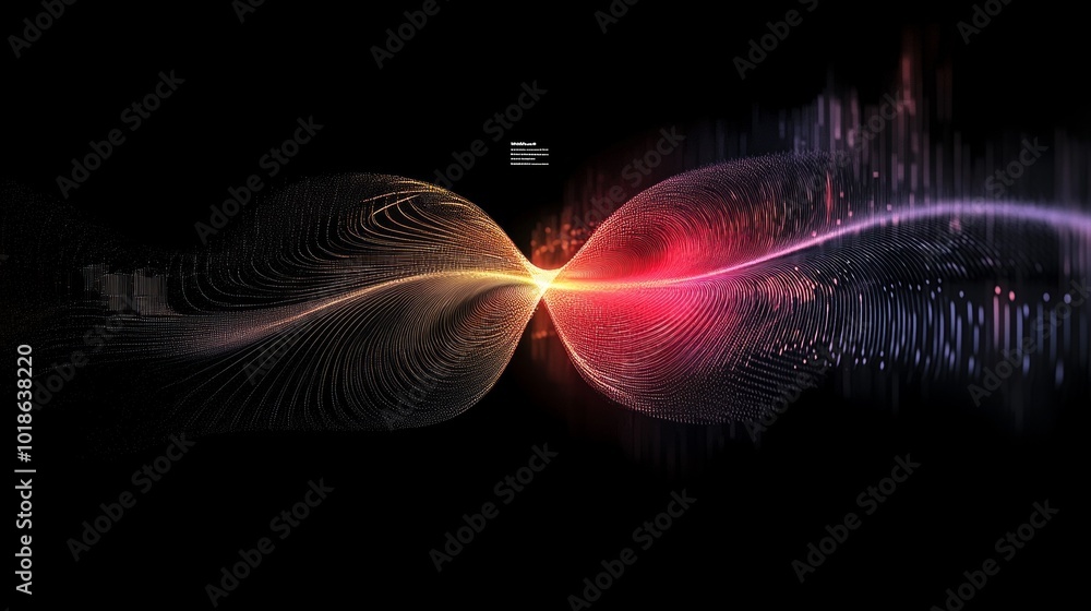 Poster visualizing wave-particle duality in quantum mechanics with vibrant color patterns and energetic for