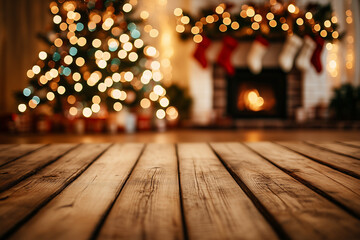 Fondo de navidad para productos y promociones, Una tabla de madera vacia con un fondo navideño