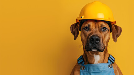 Construction Dog: A brown dog, wearing a blue jumpsuit and a yellow hard hat, stares intensely into the camera. The dog is positioned against a solid yellow background.