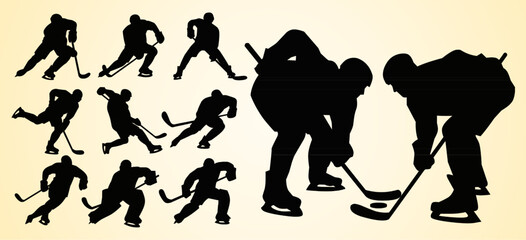 A set of black silhouette figures of ice hockey players in various dynamic poses, including skating, shooting, and a face-off, capturing the intensity and action of the game.