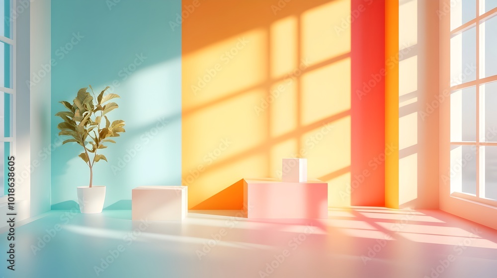 Poster captivating 3d studio room with a rainbow of colors and a bare interior featuring a floating product
