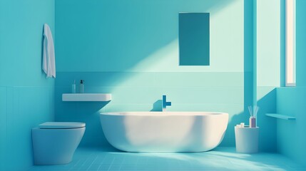 Fototapeta premium Bright turquoise bathroom featuring a modern bathtub, sink, and minimalist decor during daylight