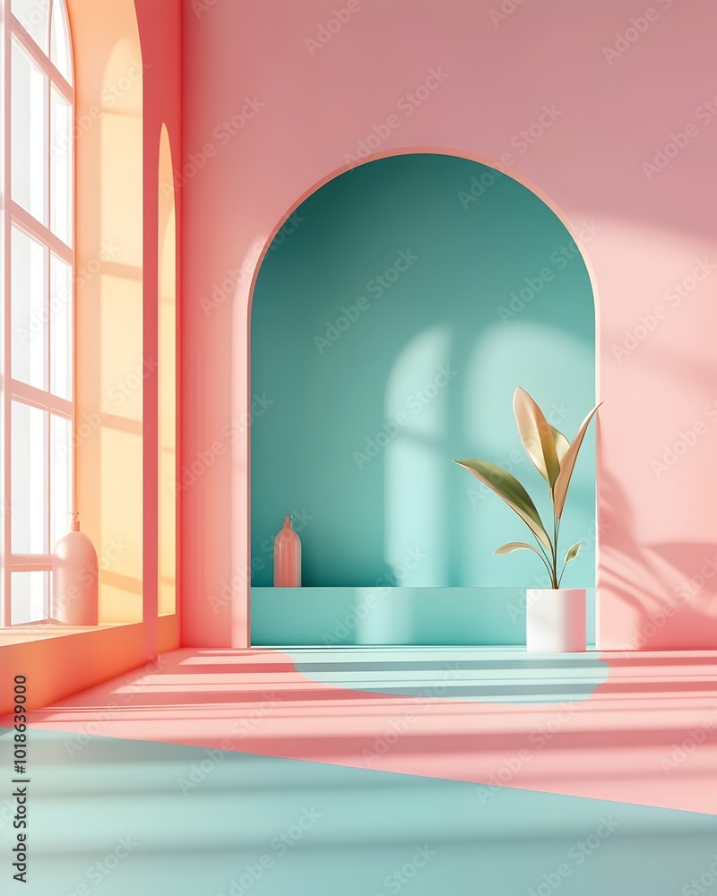 Poster Vibrant 3D studio space featuring a simple bare room with a product showcase diffused window light creating soft shadows digital product render in luminous natural illumination