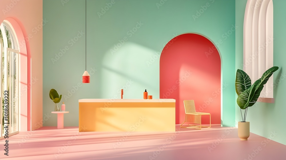 Poster mesmerizing 3d studio setting with a kaleidoscope of hues uncluttered interior featuring a product p