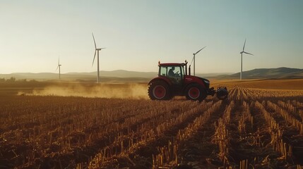 Farmer on an electric tractor working in an organic field surrounded by wind turbines, sustainable farming, clean energy integration