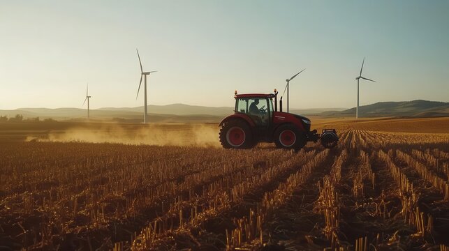 Farmer on an electric tractor working in an organic field surrounded by wind turbines, sustainable farming, clean energy integration