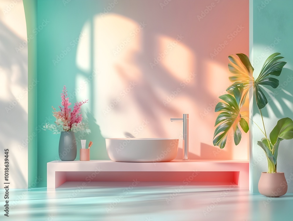 Poster uncluttered and vibrant 3d studio space with minimalist design plinth soft window lighting casting d