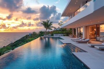 Fototapeta premium luxurious beachfront resort infinity pool overlooking turquoise ocean white modern architecture palm trees loungers golden hour lighting
