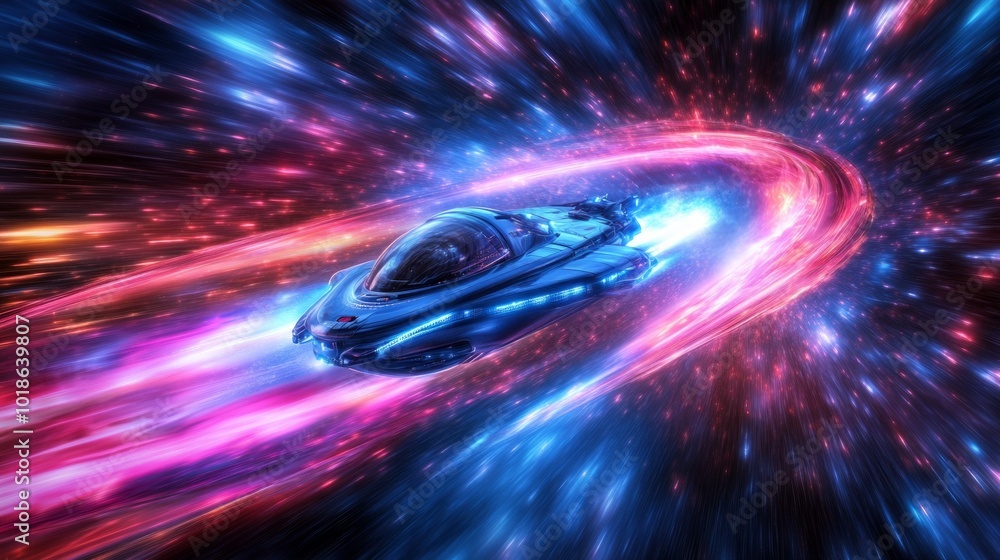 Poster advanced spacecraft navigating a vibrant wormhole in deep space during interstellar travel