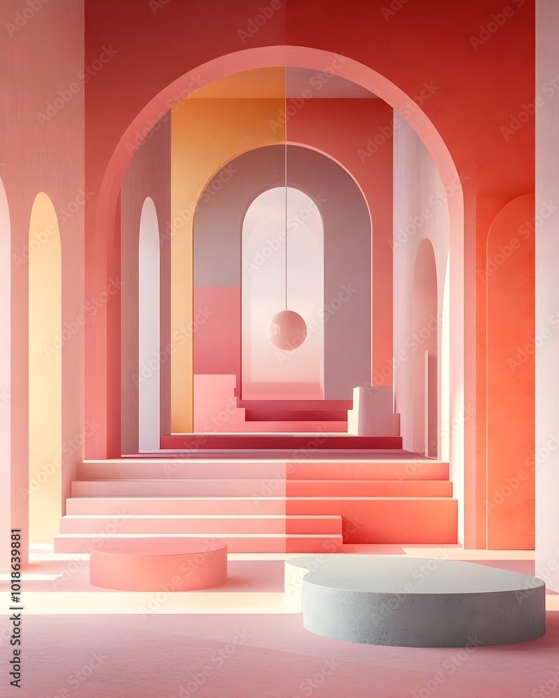 Poster captivating 3d interior space saturated in a chromatic array pared down floor and wall design accent