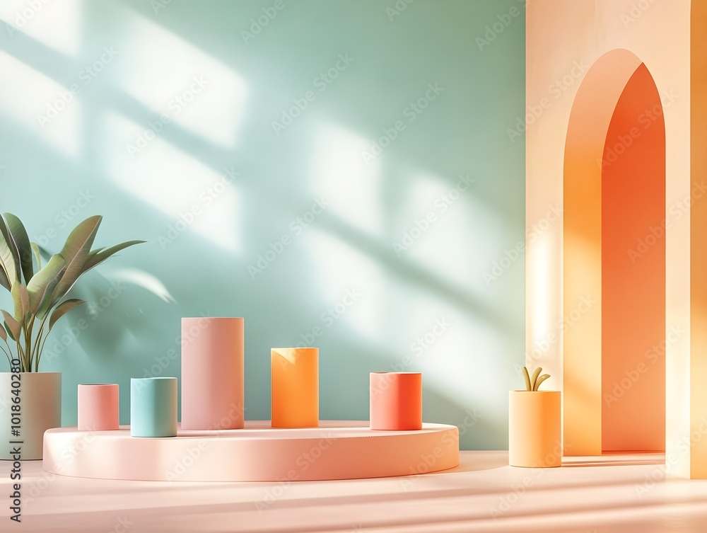 Poster Captivating 3D studio space with a vivid color palette sparse interior design and clean lined display surface bathed in radiant natural illumination