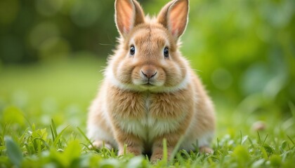 Cute fluffy rabbit sitting in green grass under sunny day