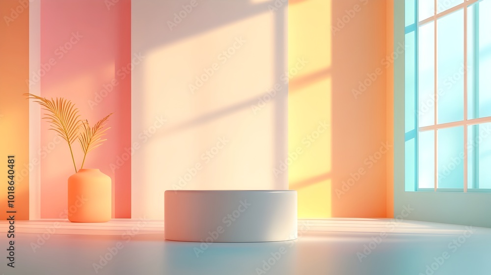 Poster mesmerizing 3d studio setting brimming with a kaleidoscope of colors uncluttered interior with produ