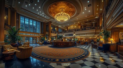 Obraz premium Grand Lobby with Chandelier, Ornate Details, and Seating