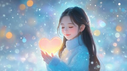 Girl Creating Heart Shape with Hands in Soft Pastel Colors