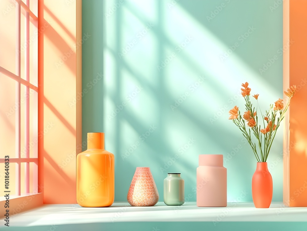 Poster vibrant 3d studio scene filled with a spectrum of hues clean and organized interior with simple prod