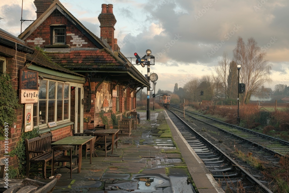Poster a train station with a small building and a few tables