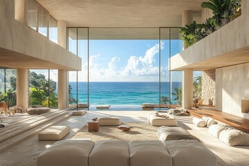 Fototapeta premium luxurious beachfront villa interior expansive windows framing turquoise ocean modern minimalist design natural wood accents sunlight streaming in serene atmosphere