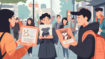 Three people hold up posters advertising lost pets in a busy city street.