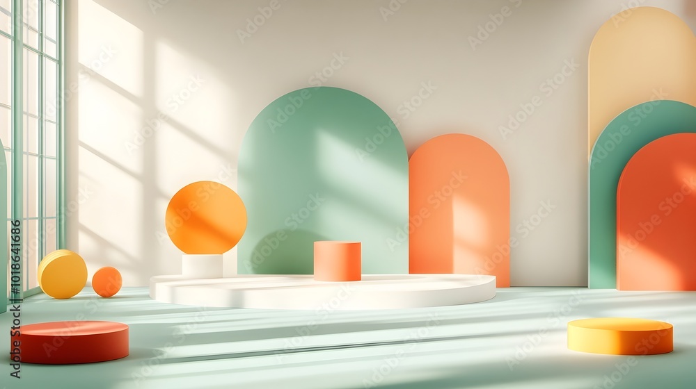 Poster captivating 3d studio environment featuring a vibrant colorful backdrop an empty floor and wall disp