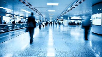 Blurred motion in a busy airport terminal with commuters and corporate travelers