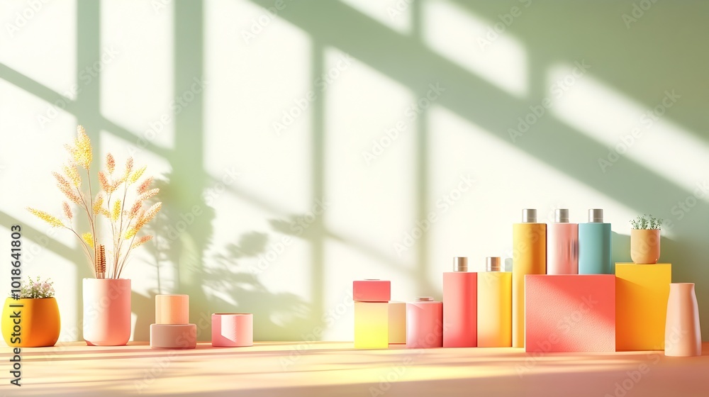 Poster captivating 3d studio scene showcasing a vibrant color spectrum uncluttered interior with product di