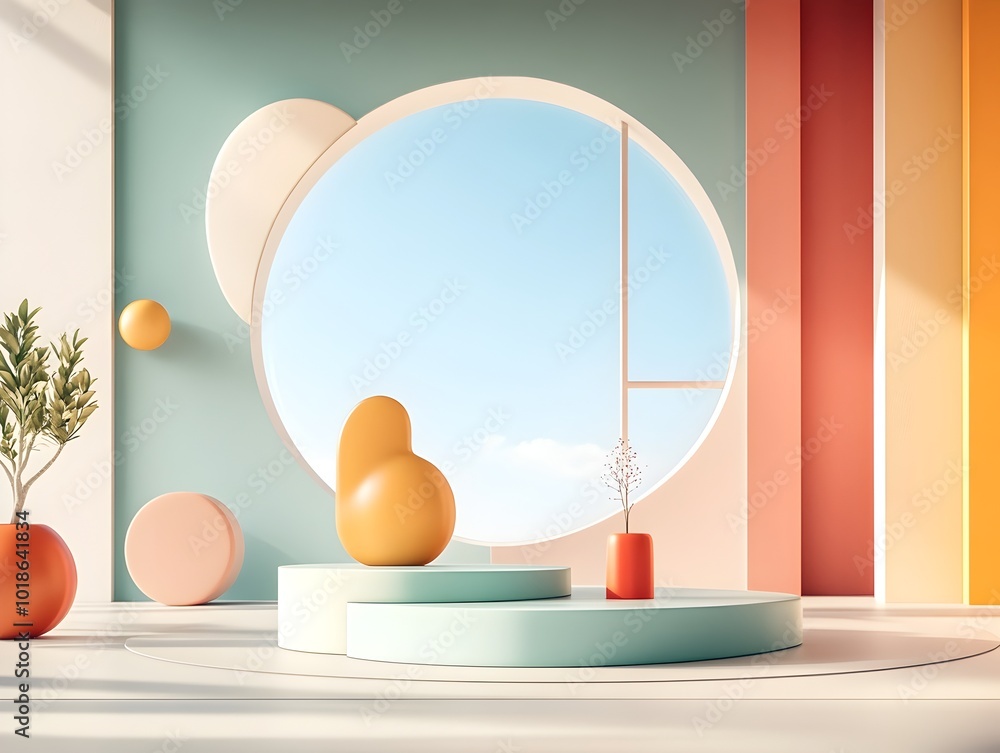 Poster mesmerizing 3d studio setting boasting a kaleidoscope of hues minimalist interior with product plint