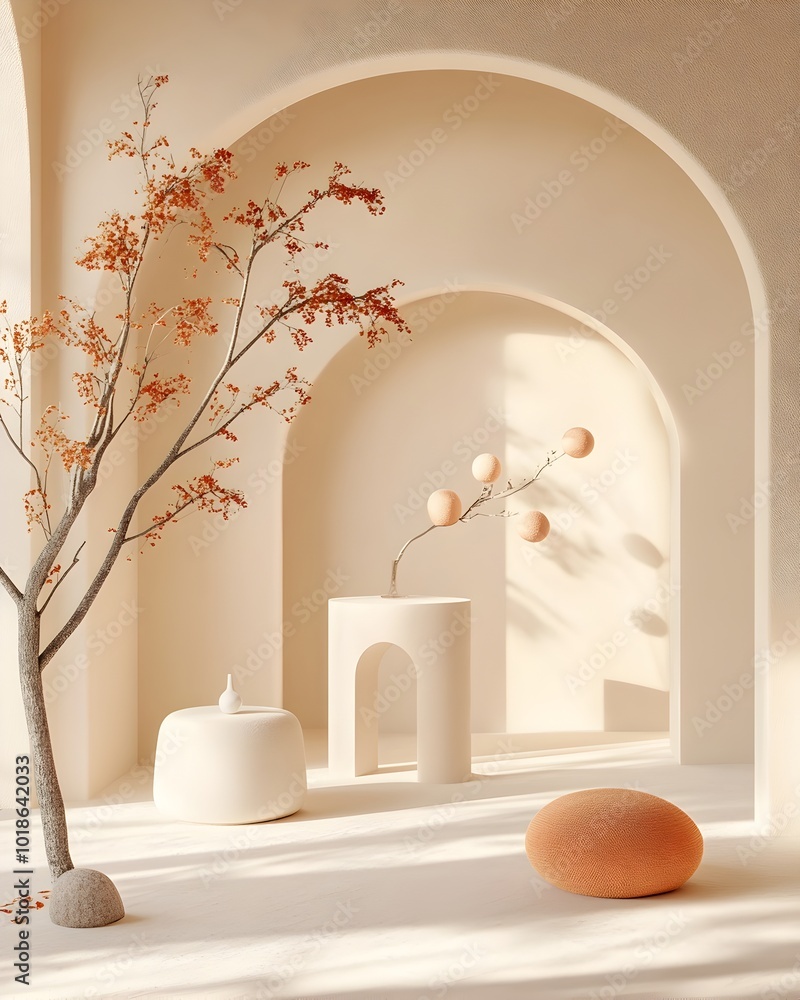 Poster luminous 3d studio environment with chromatic depth and clean minimalist architecture framing a prod