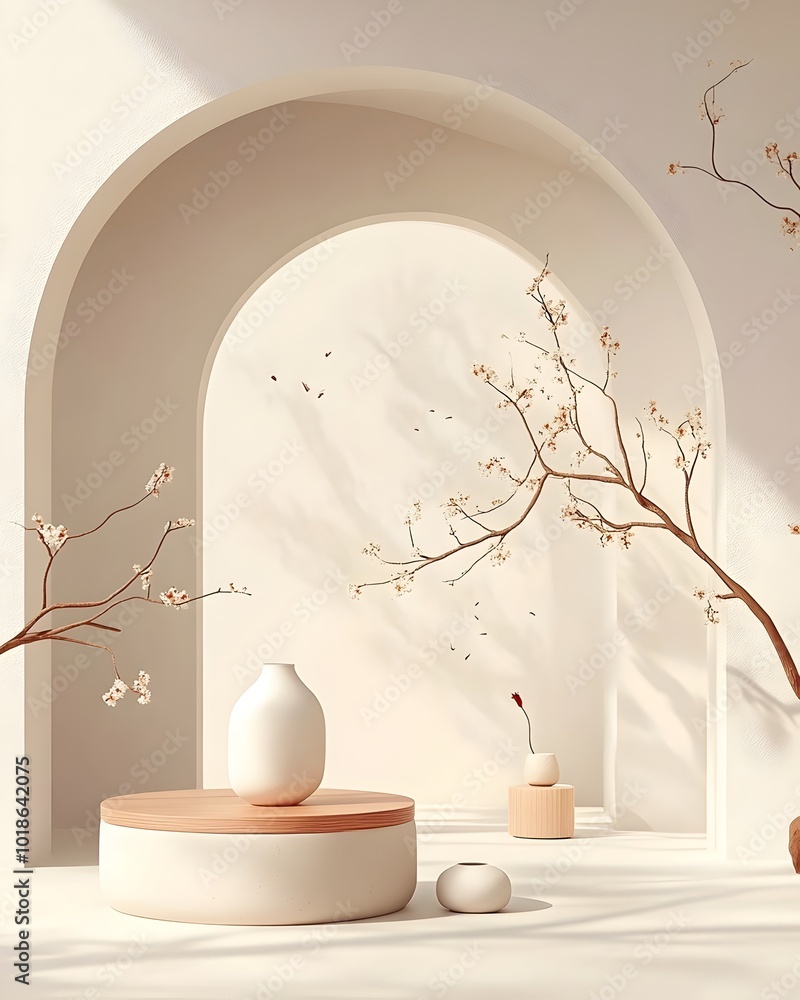 Poster luminous and chromatic 3d studio environment featuring a clean minimalist architectural frame showca