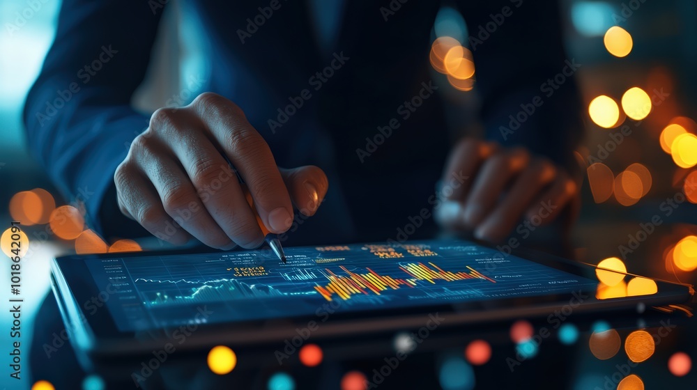 Poster a professional analyzing financial data on a tablet with colorful background lights, showcasing mode