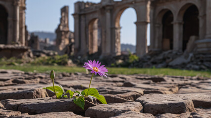 Stunning Daisy Flower Amidst Ancient Ruins &ndash; High-Resolution Wallpaper