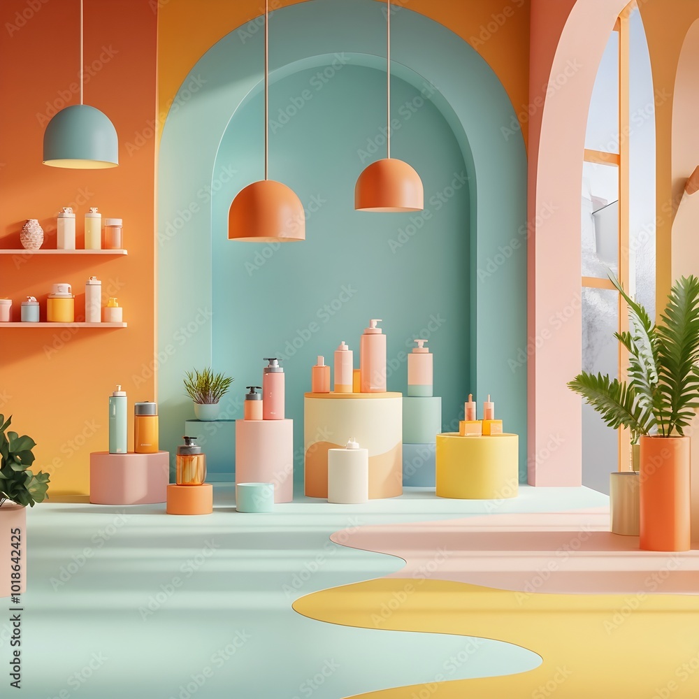 Poster vibrant 3d studio space filled with a kaleidoscope of colors featuring a bare bones interior design 