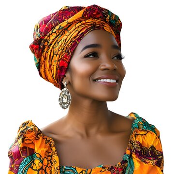 Smiling Black woman wearing a colorful head wrap and earrings.