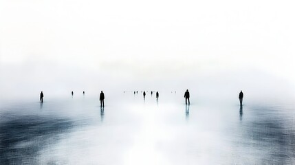 Silhouetted Figures Walking in Misty Landscape Reflecting on Serene Waters