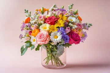 Naklejka premium Vase with colorful flowers including roses and daisies on light background