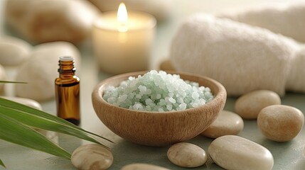 An elegant spa composition with herbal bath salts, a candle, and a small bowl of essential oils, all set against a backdrop of smooth stones.