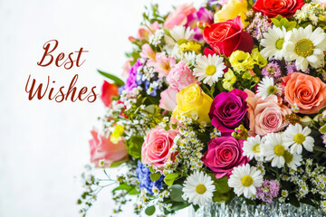 Bouquet of colorful flowers with text best wishes on festive background