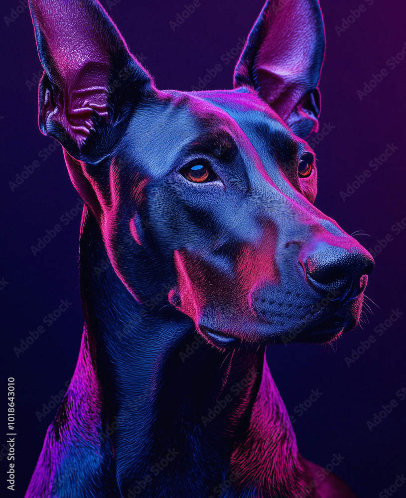 Wall mural Photo of Doberman in neon colors on black background