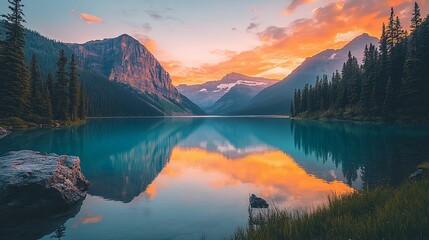 Mountain Lake Reflection at Sunset with Lush Trees