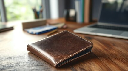 An empty wallet resting on a neatly organized desk, with stationery items in the background, portraying a professional and minimalist lifestyle.
