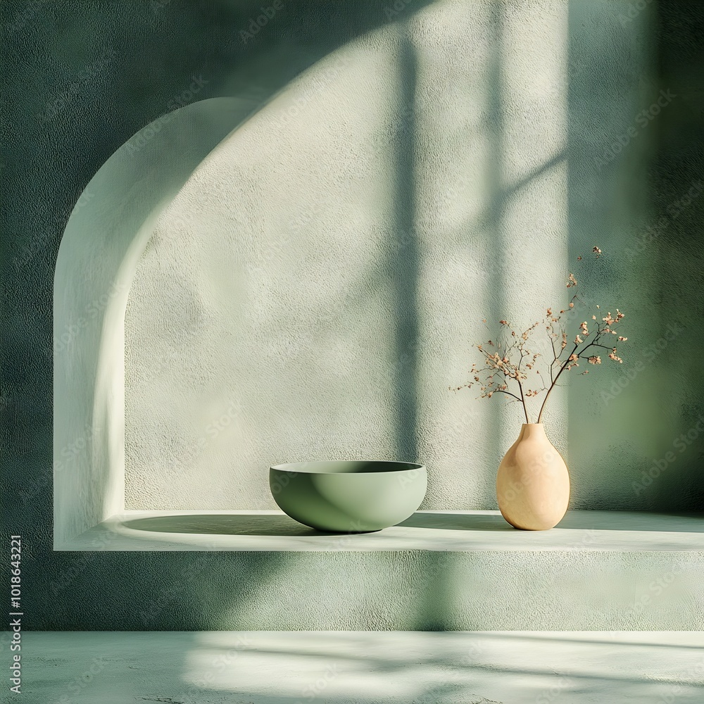 Poster calm and soothing 3d interior scene featuring a simple green environment clean wall and floor design