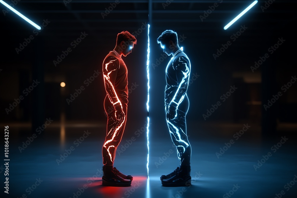 Poster Futuristic design of a person split into two holographic versions of themselves, one glowing with light and the other in shadow, symbolizing dualism in a digital future